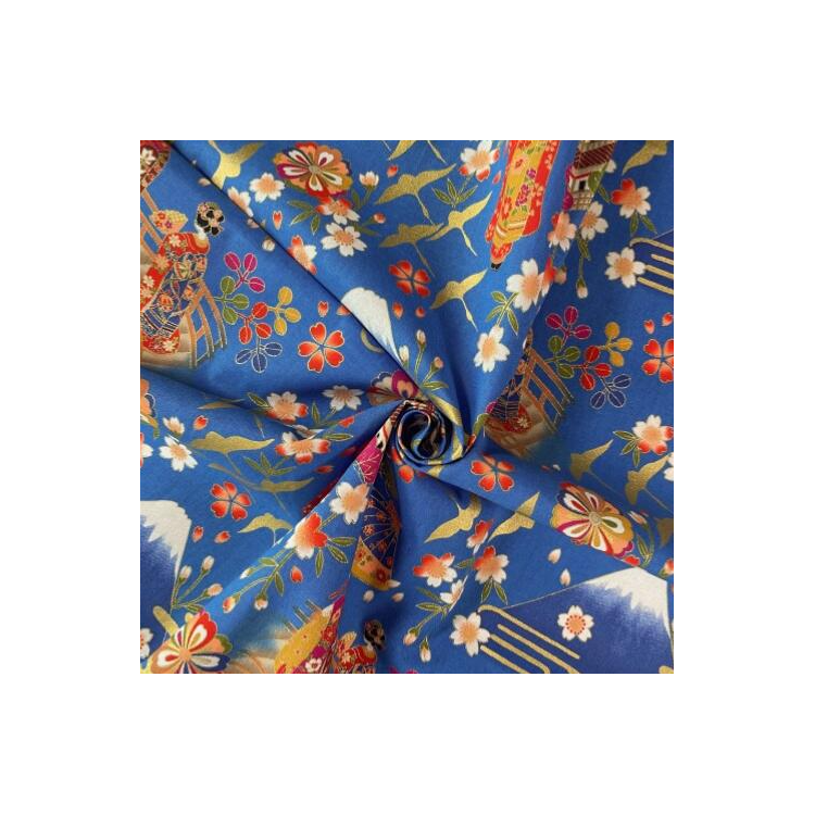 Tissu japonais - Naka 1750 - Temple et montagne bleu