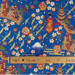 Tissu japonais - Naka 1750 - Temple et montagne bleu