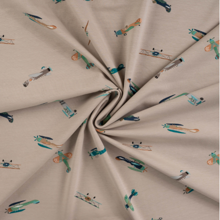 Tissu jersey coton - Vintage airplanes sand Tissu jersey coton - Vintage airplanes sand