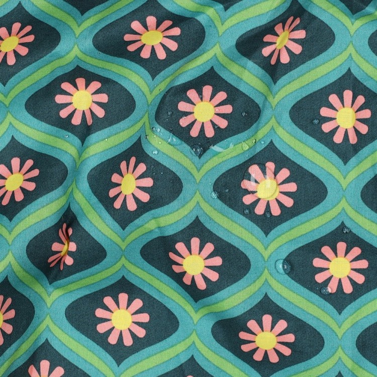 Tissu coton enduit - Losanges et fleurs vert