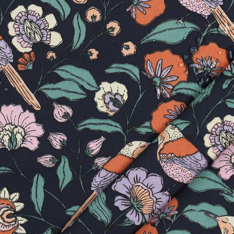 Tissu coton enduit - Oiseaux et fleurs bleu marine