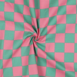 Tissu coton enduit - Damier rose vert