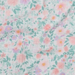 Tissu double gaze - Fleurs fond blanc