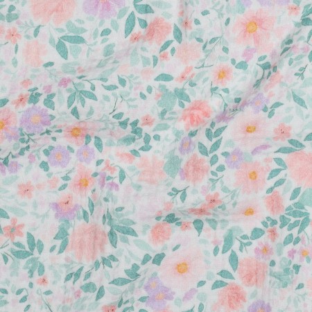 Tissu double gaze - Fleurs fond blanc