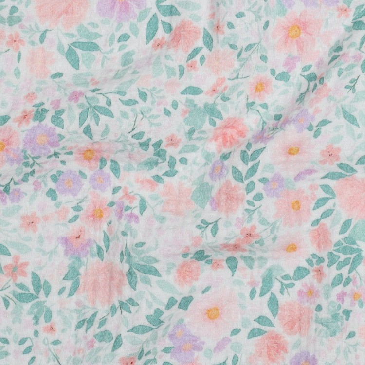 Tissu double gaze - Fleurs fond blanc