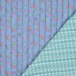 Tissu matelassé double gaze - Flowers vert menthe et bleu