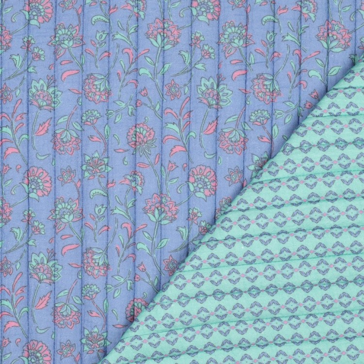 Tissu matelassé double gaze - Flowers vert menthe et bleu