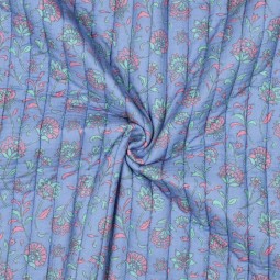 Tissu matelassé double gaze - Flowers vert menthe et bleu