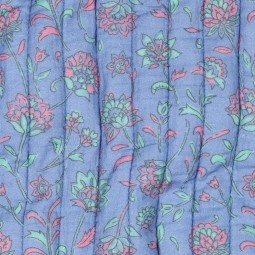 Tissu matelassé double gaze - Flowers vert menthe et bleu