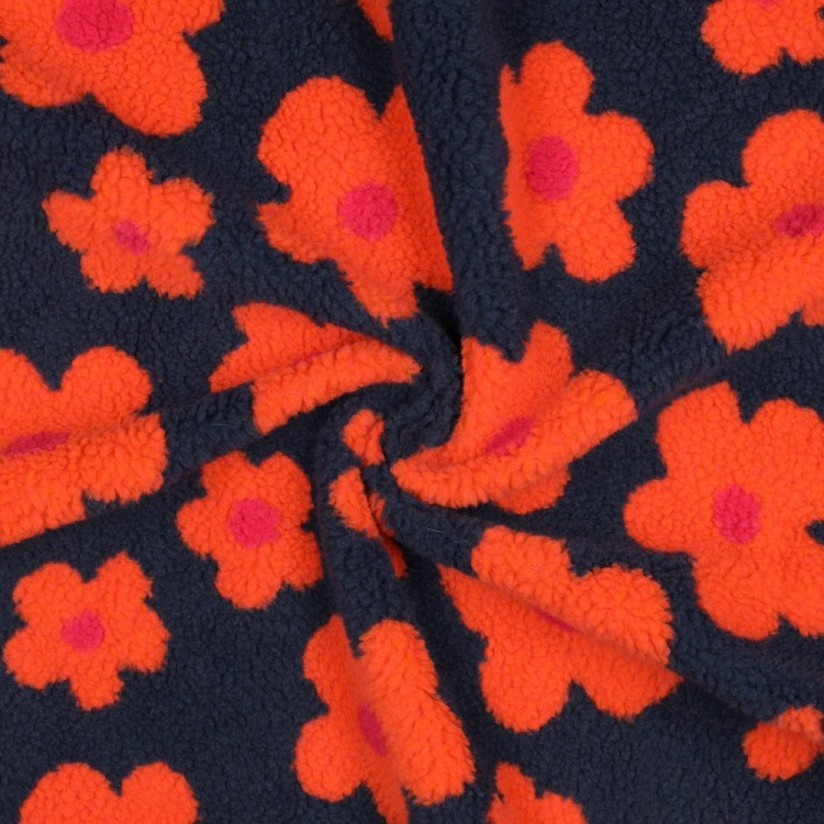 Tissu sherpa - Fleurs bleu marine et corail