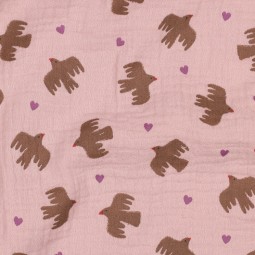 Tissu double gaze - Oiseaux rose pâle