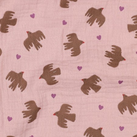 Tissu double gaze - Oiseaux rose pâle