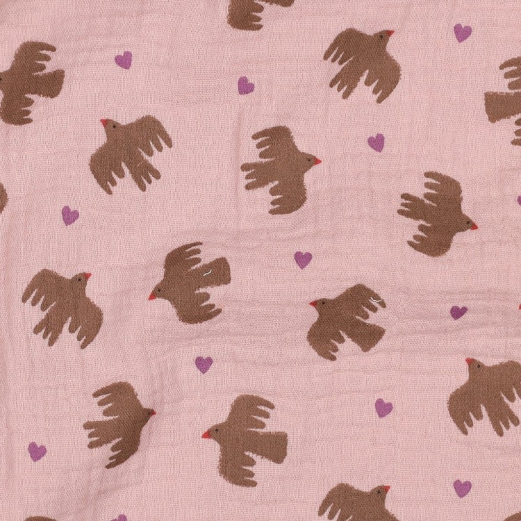 Tissu double gaze - Oiseaux rose pâle