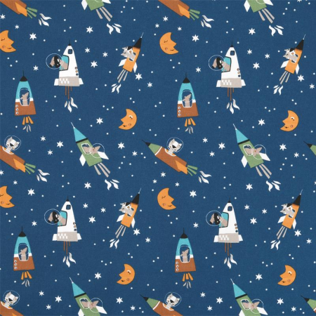 Tissu cotonnade - fusée bleu