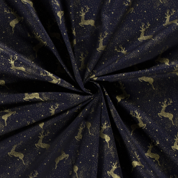 Tissu popeline de Noël - Rennes bleu marine