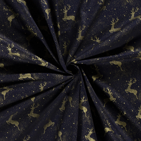 Tissu popeline de Noël - Rennes bleu marine