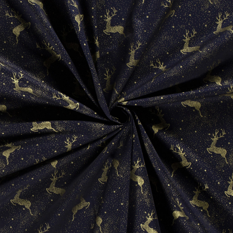 Tissu popeline de Noël - Rennes bleu marine