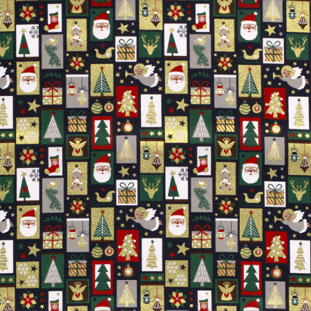 Tissu popeline de Noël - Etiquette bleu marine