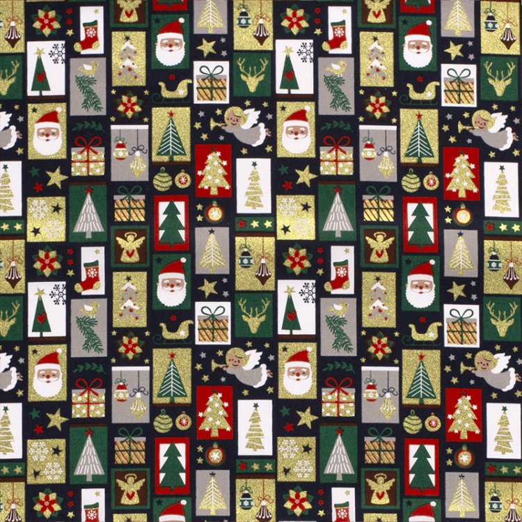 Tissu popeline de Noël - Etiquette bleu marine