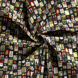 Tissu popeline de Noël - Etiquette bleu marine