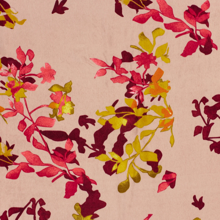 Tissu satin velvet - Feuillage vieux rose
