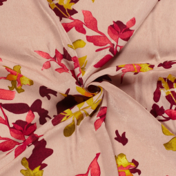 Tissu satin velvet - Feuillage vieux rose