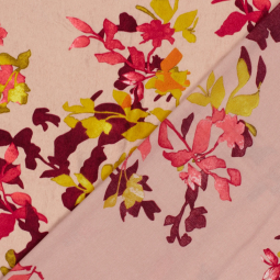 Tissu satin velvet - Feuillage vieux rose