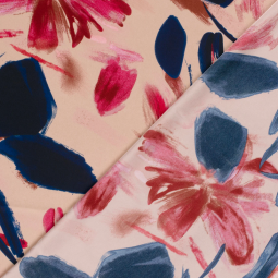 Tissu satin duchesse - fleurs bleu marine