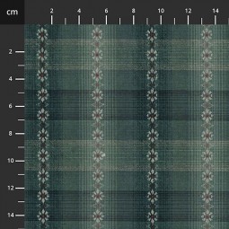 Tissu japonais coton épais - Carreaux bleu et fleurs brodées