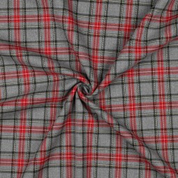 Tissu Polyester Viscose - Carreaux gris rouge