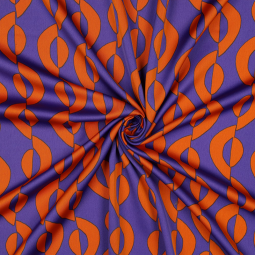 Tissu micro satin polyester - Géométrique orange violet