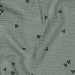 Tissu double gaze - Petit cœur vert