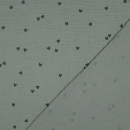 Tissu double gaze - Petit cœur vert