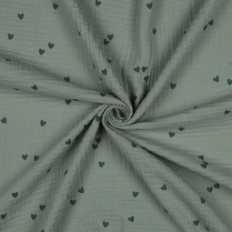 Tissu double gaze - Petit cœur vert