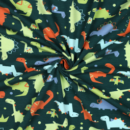 Tissu sweat french terry - Dinosaures vert foncé