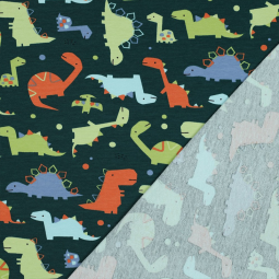 Tissu sweat french terry - Dinosaures vert foncé