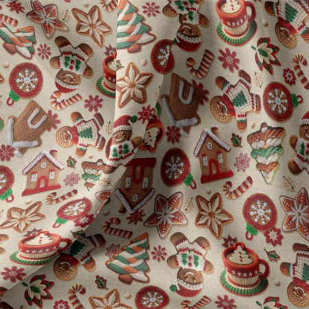 Tissu coton - Tibiscuit beige et rouge