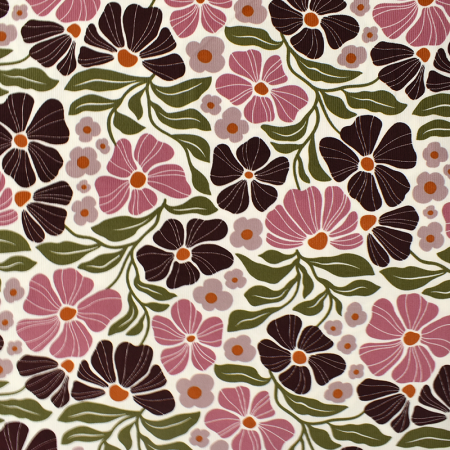 Tissu velours côtelé fin - Fleurs roses