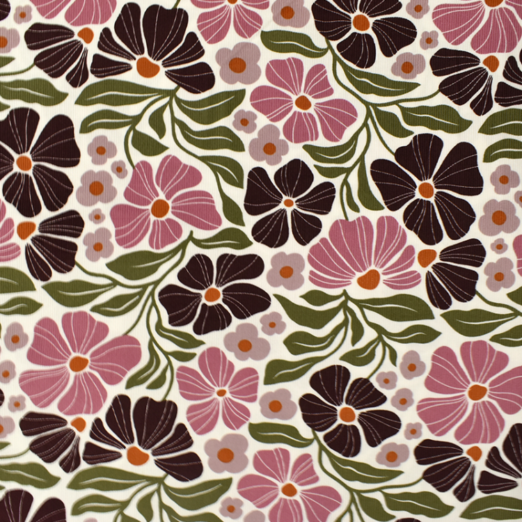 Tissu velours côtelé fin - Fleurs roses