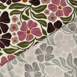 Tissu velours côtelé fin - Fleurs roses