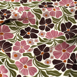 Tissu velours côtelé fin - Fleurs roses