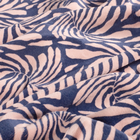 Tissu jersey velours - Feuillage rose marine