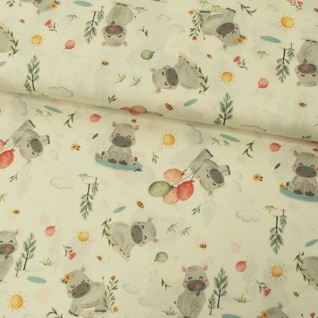 Tissu coton - Hippo en fleur