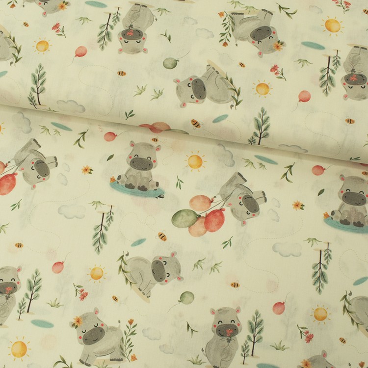 Tissu coton - Hippo en fleur