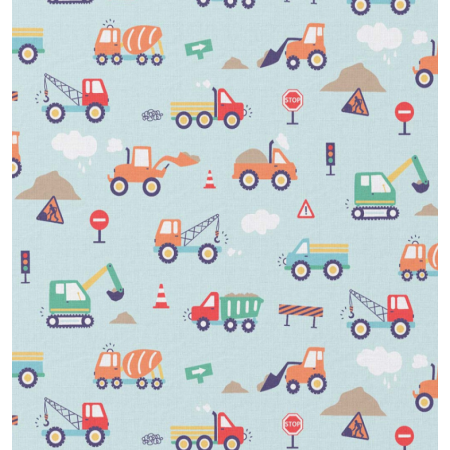 Tissu coton - Camions bleu orange