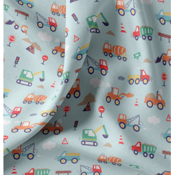 Tissu coton - Camions bleu orange
