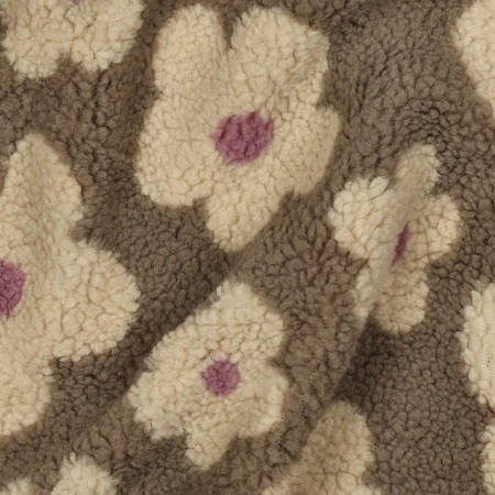 Tissu sherpa - Fleurs Taupe et beige