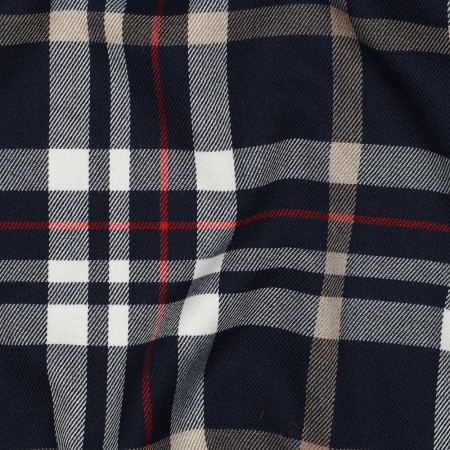 Tissu Polyester Viscose - Tartan marine, camel et rouge