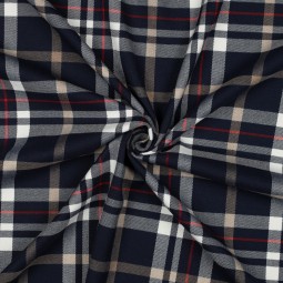 Tissu Polyester Viscose - Tartan marine, camel et rouge