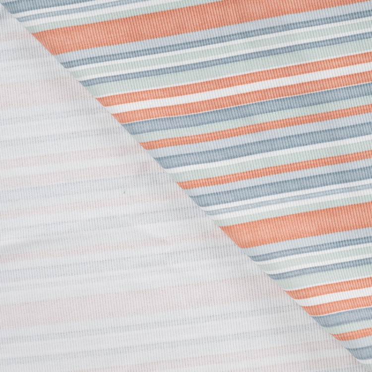 Tissu jersey côtelé - Rayure saumon et bleu